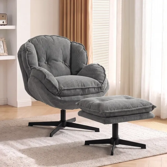 HAUSS SPOLE Fauteuil - 360 Graden Draaibaar met in Hoogte Verstelbare Voetenbank - Voor Woonkamer en Leeshoek - Chenillestof - Grijs