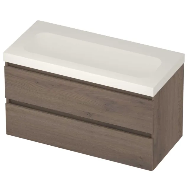 Basic-Line Moby 46 Badmeubelset Polystone Zonder Kraangat Greeploos 100x46x58 cm Dusk Oak Mat Wit