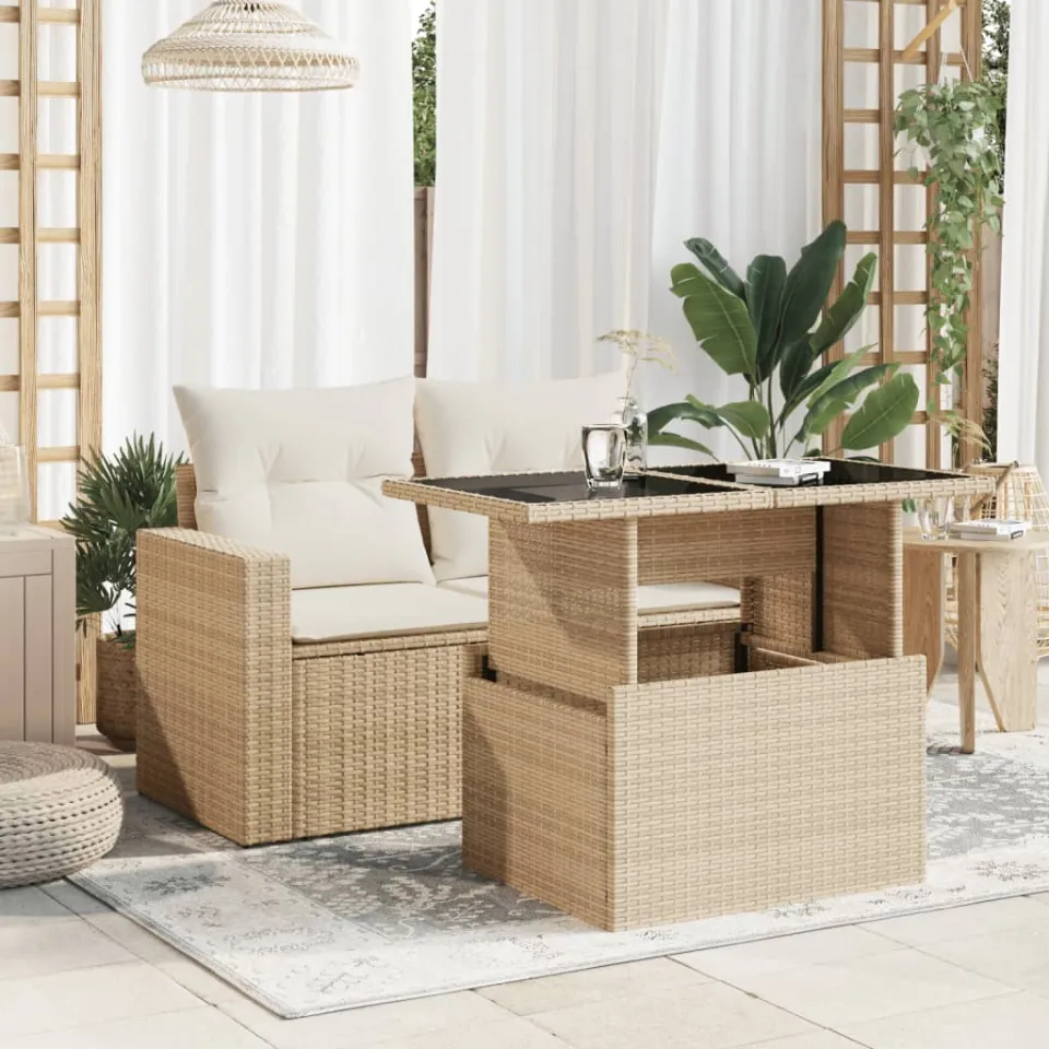 vidaXL Tuintafel met glazen blad 100x55x73 cm poly rattan beige, foto 2