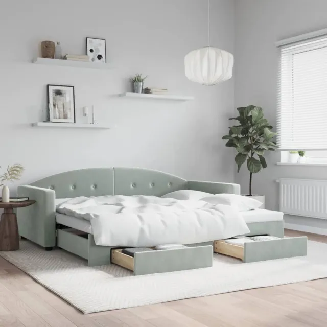 vidaXL Slaapbank onderschuifbed en lades 90x190 cm fluweel lichtgrijs grijs