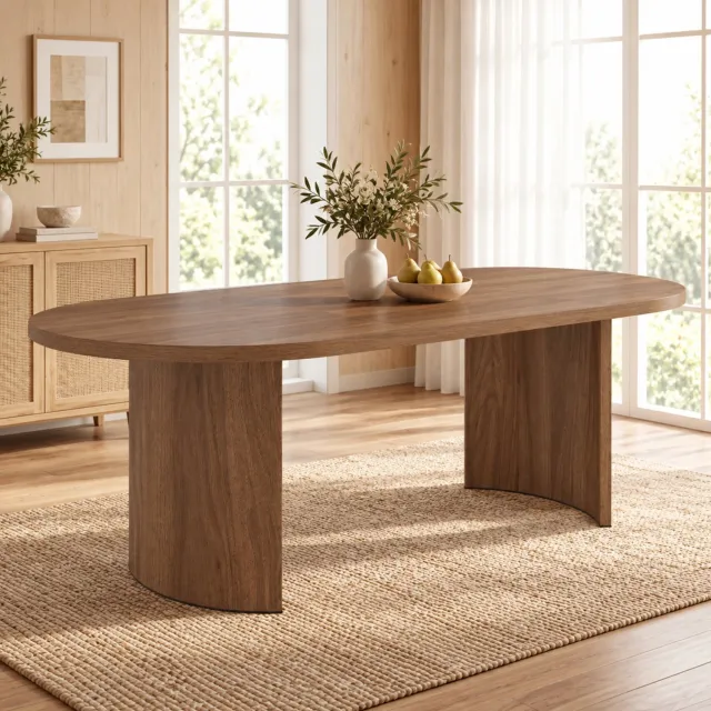 DESMIU Eettafel - Afgeronde Uiteinden en Gebogen Tafelpoten - Voor 6 tot 8 Personen in de Eetkamer - MDF in Walnootkleur - 200 x 90 x 75 cm Walnootbruin