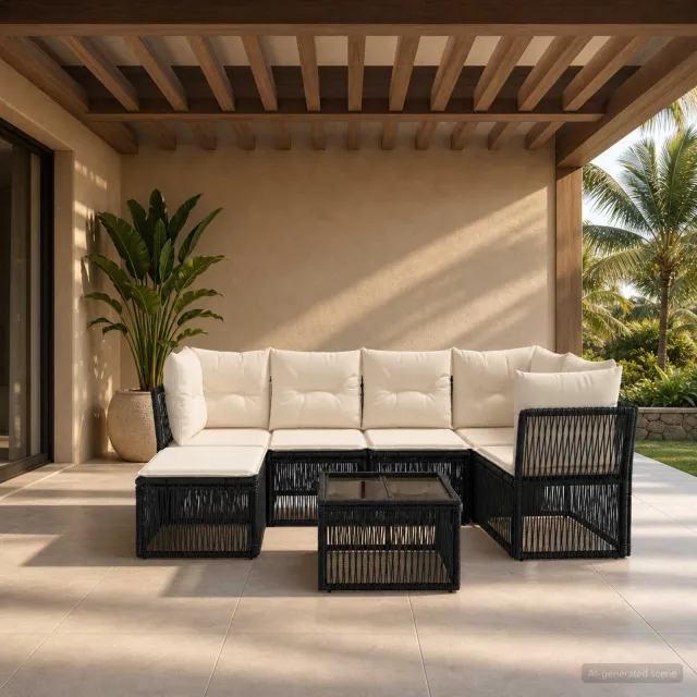 vidaXL Tuinbankenset 7 st Zwart poly rattan, foto 2
