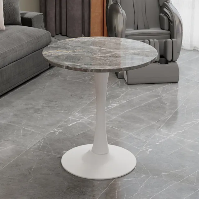 MEUNIQ Ronde salontafel 70 cm met kunstmarmeren blad in grijze marmerlook, antiekwitte tafelvoet, 72 cm hoog voor woonkamer of eetkamer Antiek wit