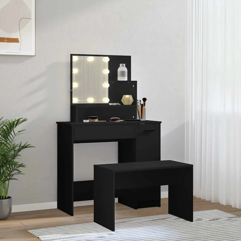 vidaXL Kaptafelset met LED-verlichting bewerkt hout zwart, foto 4