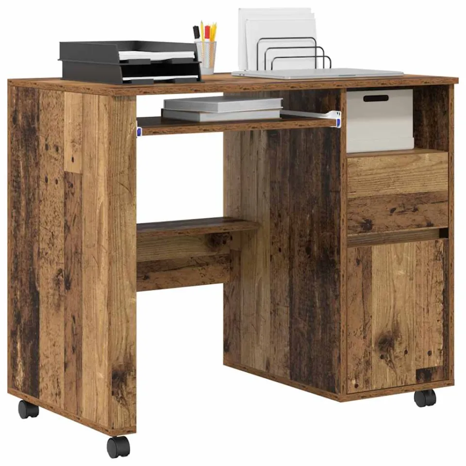 vidaXL Bureau met Wielen Oud Hout 91 x 50 x 77 cm Bewerkt hout bruin, foto 2