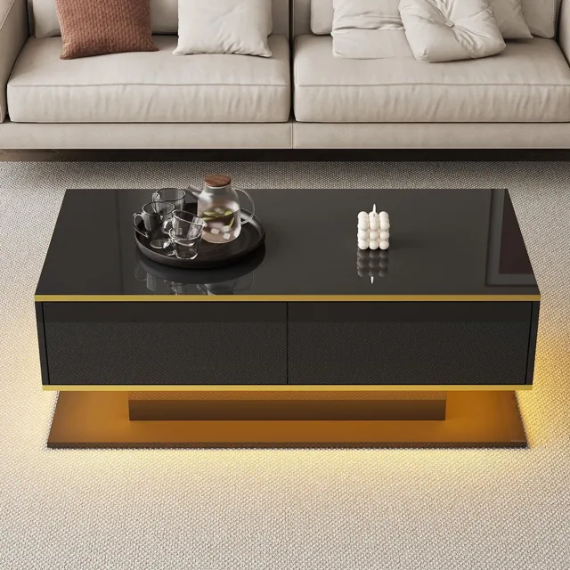 KOMHTOM BLACKCOLORS Moderne LED-salontafel met glanzende afwerking, 100 cm lang, gouden versieringen, 3 lades en USB-ledstrip (adapter/externe batterij vereist).