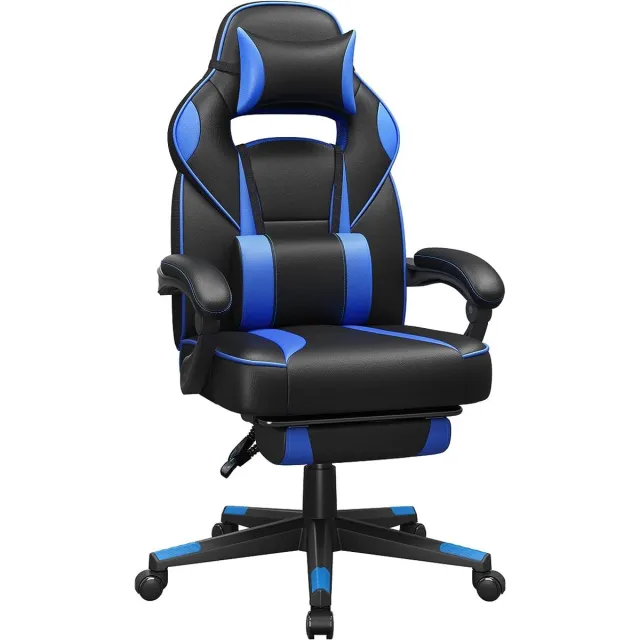 FurnStar gamestoel - Ergonomisch - Bureaustoel - Met Nekkussen - Met wieltjes - Zwart met Blauw