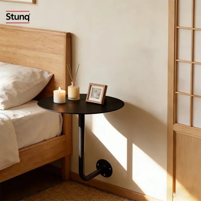 Stunq Wandgemonteerde L-vormige ronde zwarte bartafel, ruimtebesparend, ideaal voor koffie en bar