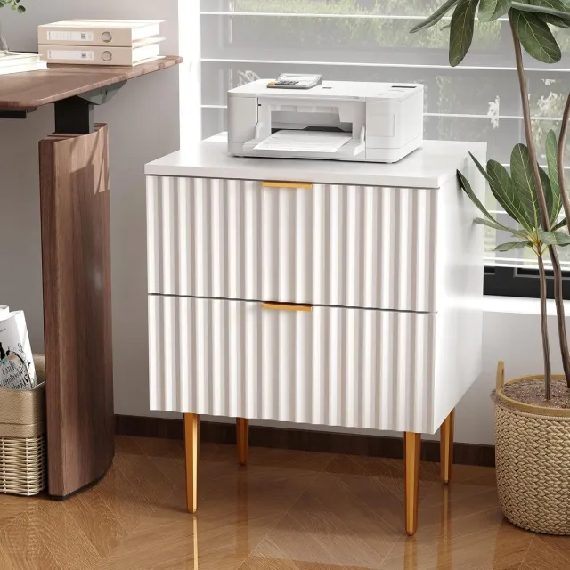 HOERFURIY Modern Nachtkastje met USB Oplaadstation - Goud & Hout Design met 2 Laden - Stopcontact & USB Poorten - Nachtkastje voor Slaapkamer Woonkamer Kantoor - Wit
