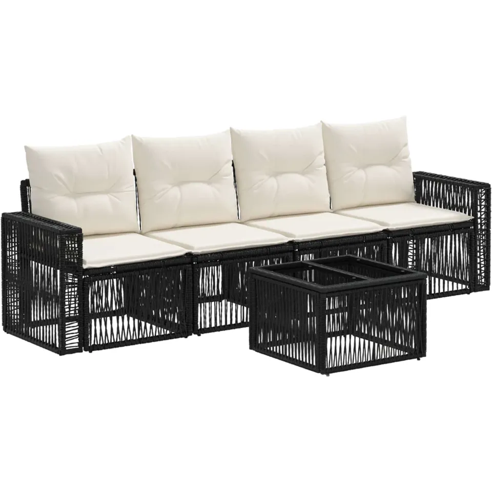 vidaXL Tuinbankenset 5 st 4-zits Zwart en Cream Wit poly rattan, foto 3