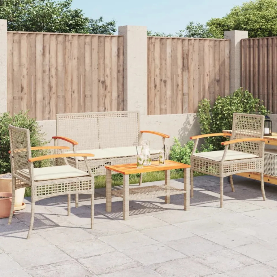 vidaXL 4-delige Loungeset met kussens poly rattan beige, foto 2