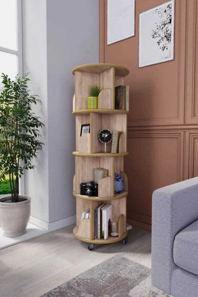 Zeo Wood Boekenkast - Boekenkast Industrieel - Boekenkast met Wielen - Boekenkast Kind - Boekenrek - Houtkleur - 360° draaibaar - 4 Laag