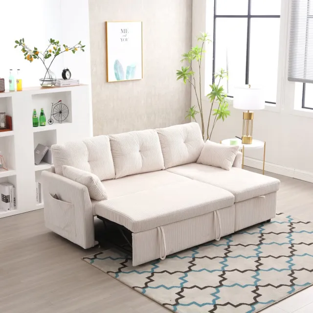 MODENUIT Slaapbank 206 cm - Uitschuifbaar Bed Met Opbergruimte - Voor Woonkamer - Hout/Stof - Beige