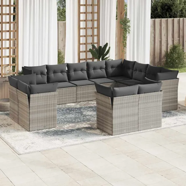 vidaXL 12-delige Loungeset met kussens poly rattan lichtgrijs grijs, foto 2