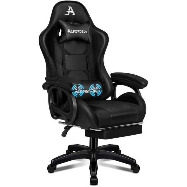 Alfordson Gaming stoel met massage lendenkussen - X-Large - 5 massage modi - USB aansluiting - Uitschuifbare voetensteun - Verstelbare rugleuning 90°-150° - Ergonomisch zwart