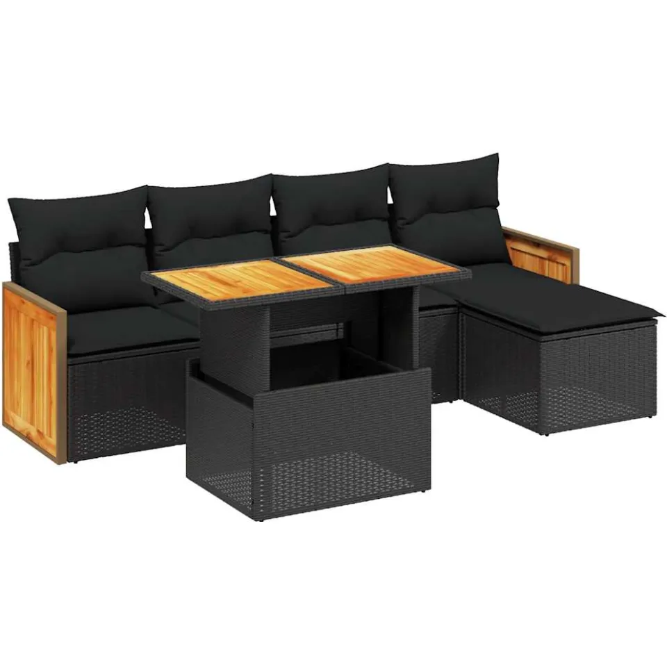 vidaXL 6-delige Loungeset met kussens poly rattan zwart, foto 3