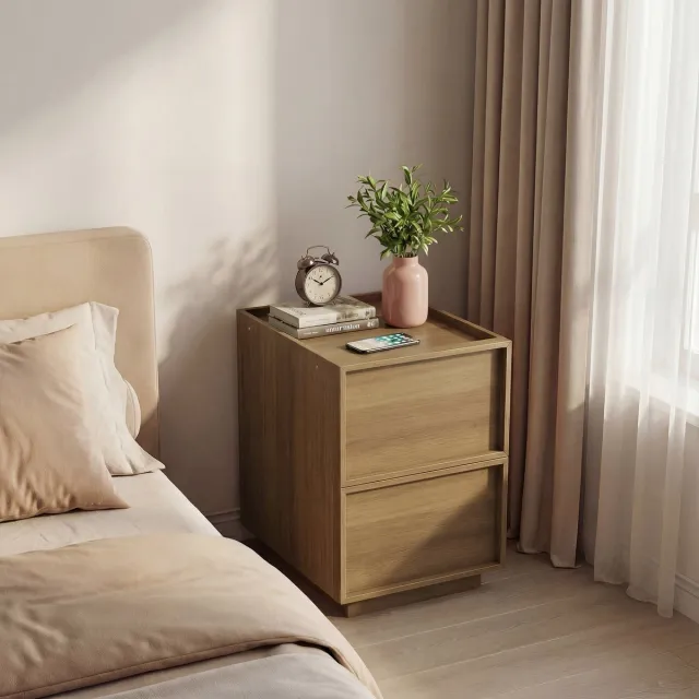 COVREO Nachtkastje 38 x 48 x 55 cm – eikenkleur, 2 lades, greeploos ontwerp