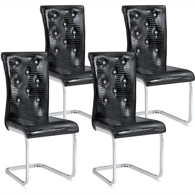 Rolipo Eetkamerstoelen set van 4 - ROLIPO - zwarte kunstleren eetkamerstoel in krokodillenlook - retro design stoel met kristalknop en chroom metalen poten - keukenstoel / diningstoel - 57 x 41 x 101,5 cm