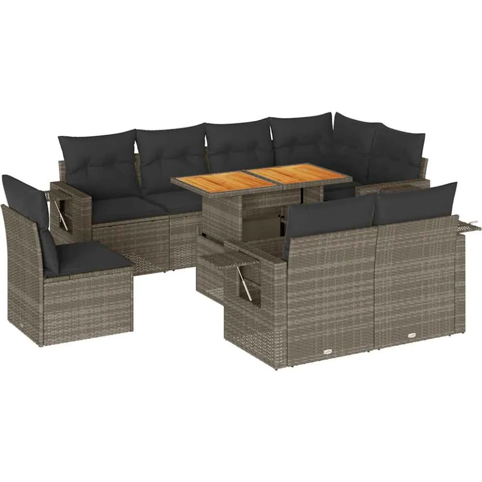 vidaXL 9-delige Loungeset met kussens poly rattan grijs, foto 3
