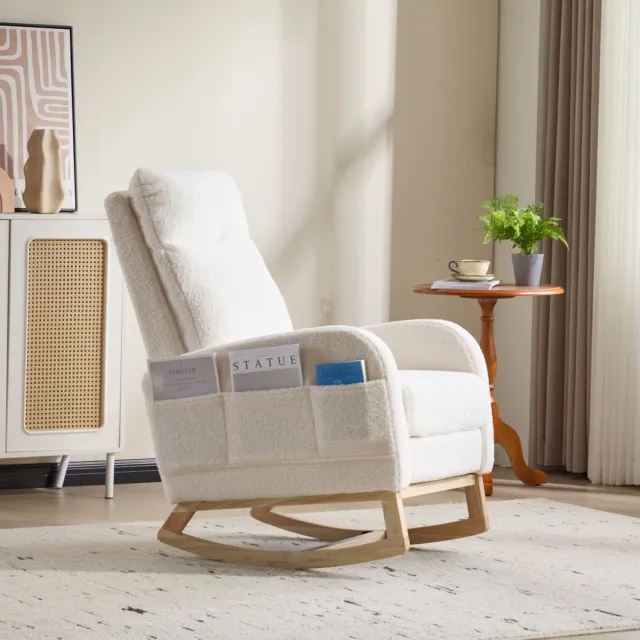 STILVORA Schommelstoel 75 x 63 x 104 cm - Ergonomische Borstvoedingsfauteuil met Zijvak en Voetensteun - Kinderkamer en Woonkamer - Teddystof Wit