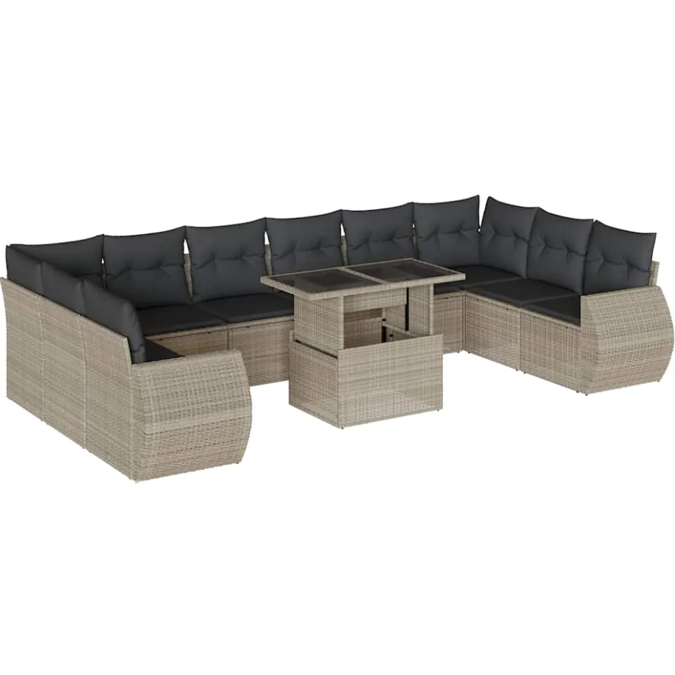 vidaXL 11-delige Loungeset met kussens poly rattan lichtgrijs grijs, foto 3