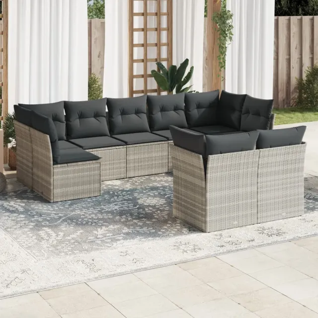 vidaXL 9-delige Loungeset met kussens poly rattan lichtgrijs grijs, foto 2