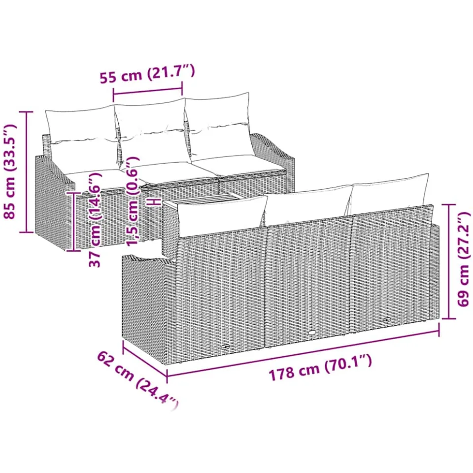 vidaXL Tuinbankenset 7 st Zwart poly rattan, foto 3
