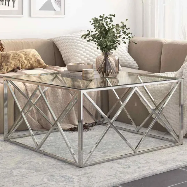vidaXL Salontafel roestvrijstaal en gehard glas zilverkleurig