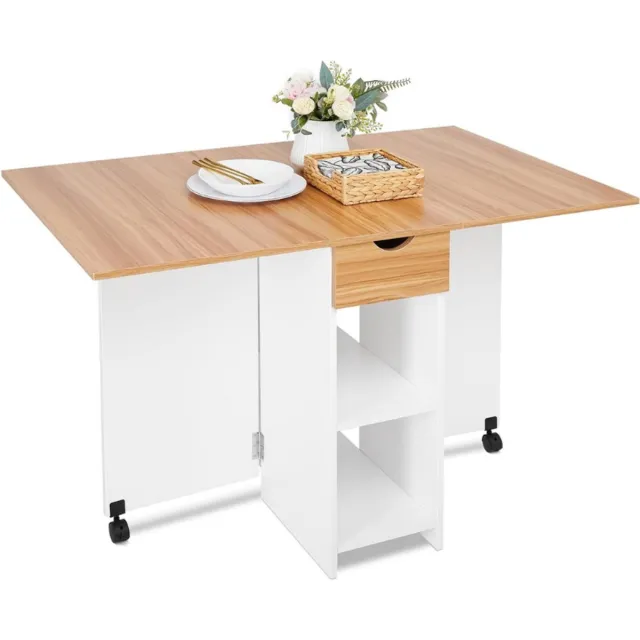 BOG Inklapbare Eettafel Met Lade En 2 Planken – Mobiele Klaptafel Voor Kleine Ruimtes – Opklapbare Tafel Voor Keuken Of Eetkamer – Wit Met Rood Eiken – 72x120x75 cm