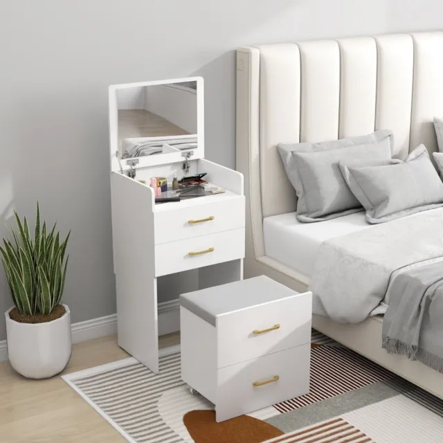 Zubaliya Kaptafel 3-in-1 met spiegel en verrijdbare kruk - wit - 48 x 40 x 90 cm