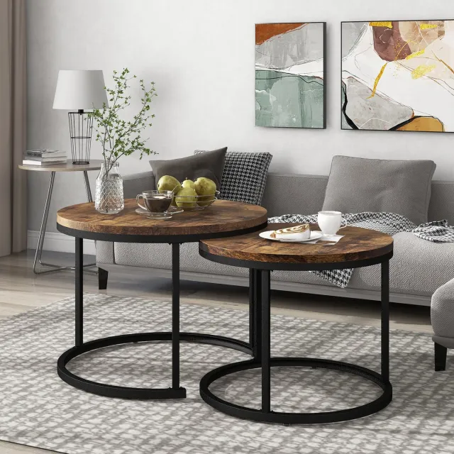 DESMIU Ronde Salontafelset - Nestbare Bijzettafels Met Houtnerf En Stevig Metalen Frame - Voor Woonkamer En Lounge - MDF - Bruin