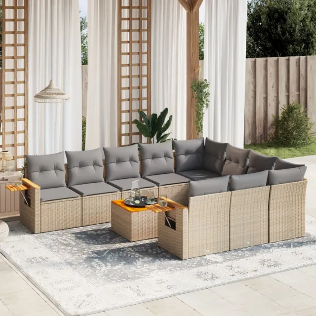 vidaXL 11-delige Tuinset met kussens poly rattan beige, foto 2