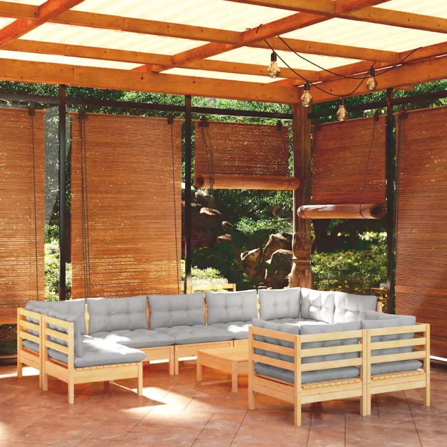 vidaXL 10-delige Loungeset met grijze kussens massief grenenhout grijs, foto 2