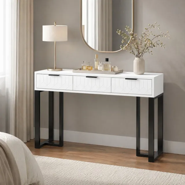 MEUNIQ moderne sidetable 120 x 36 x 80 cm met 3 lades, wit MDF, zwart metalen frame en gouden accenten voor hal, woonkamer of kantoor