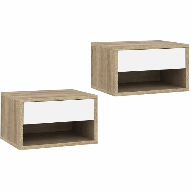 Sello! nachtkastje – set van 2 – zwevend – ledverlichting – app bediening – lade – open vak – usb – B37xD32xH21cm – hout – wit