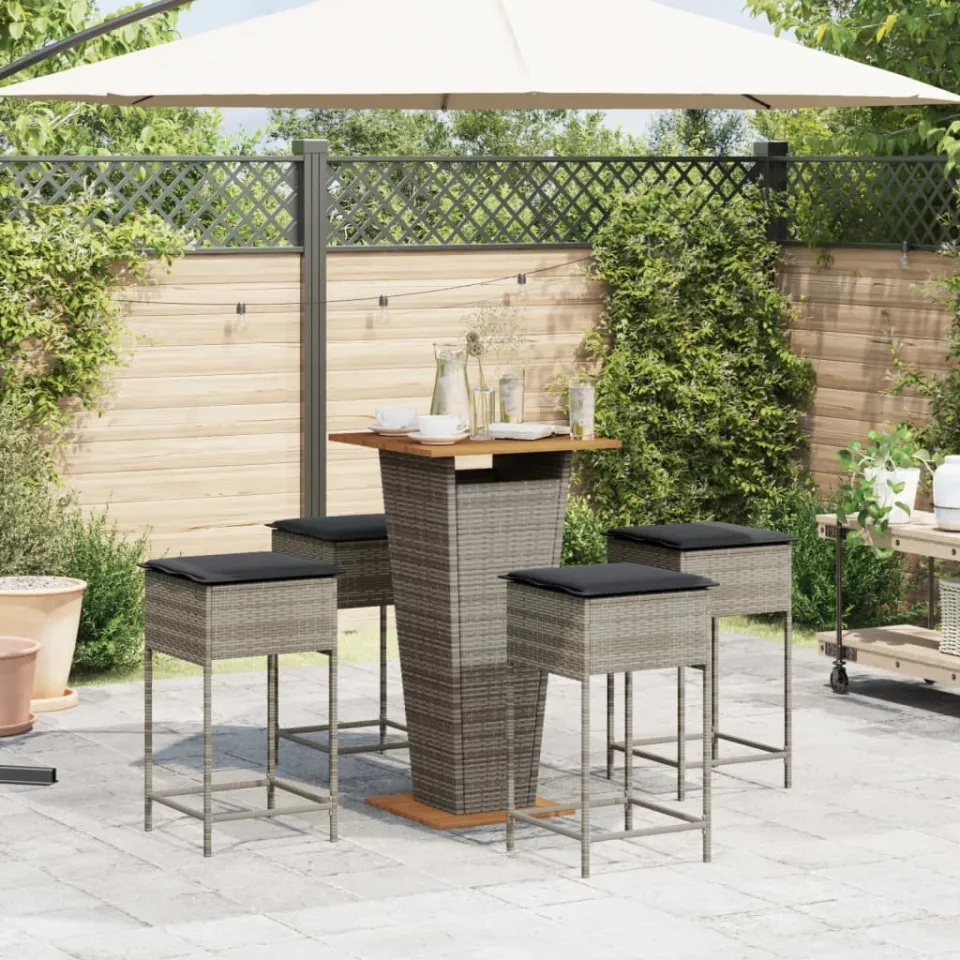 vidaXL 5-delige Tuinbarset met kussens poly rattan grijs, foto 3