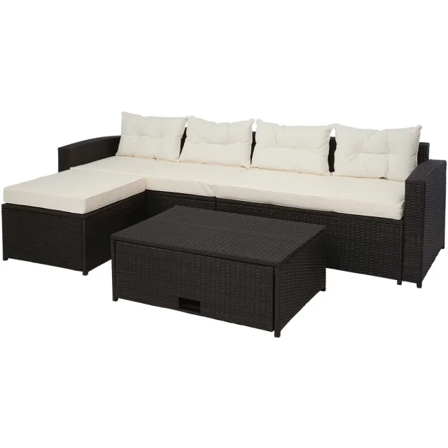 MCW Poly-rattan set MCW-J34, balkon/tuin/lounge set Sofa, opbergvak ~ bruin, kussens crème-beige