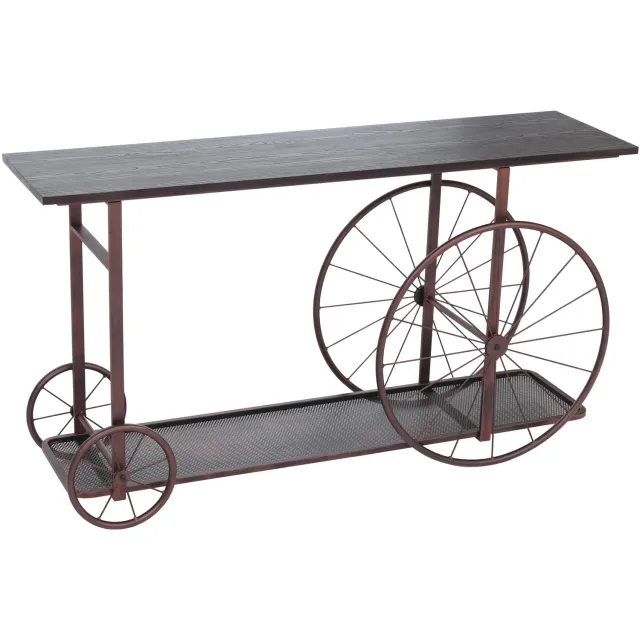 Console MCW-Q67, telefoontafel, banden, industrieel retro, hout, 81x150x40 cm ~ zwart metaal, koperkleurig