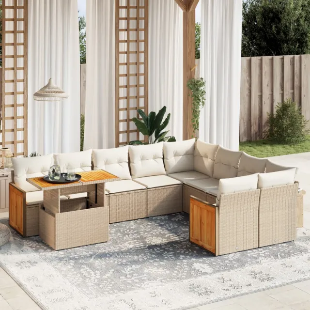 vidaXL 10-delige Loungeset met kussens poly rattan beige, foto 2