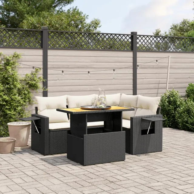 vidaXL 5-delige Loungeset met kussens poly rattan zwart, foto 2