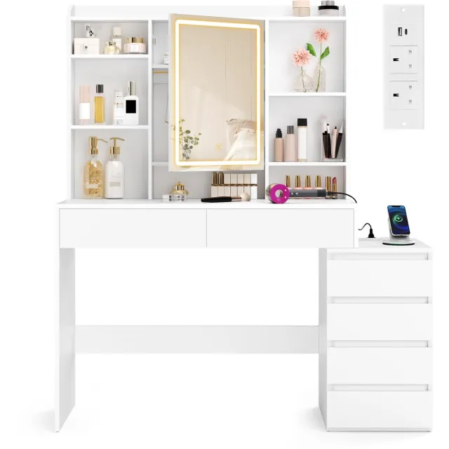 Vasagle Kaptafel - Kaptafel met Oplaadstation - Spiegel met LED-Verlichting - Met Lades Wit