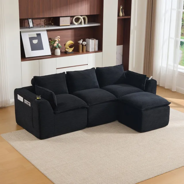 HAUSS SPOLE Hoekbank - Modulaire 3-Zits Bank Met Hocker - Met Kussens, Bekerhouder En Zijvakken - Voor Woonkamer En Lounge - Corduroy Zwart