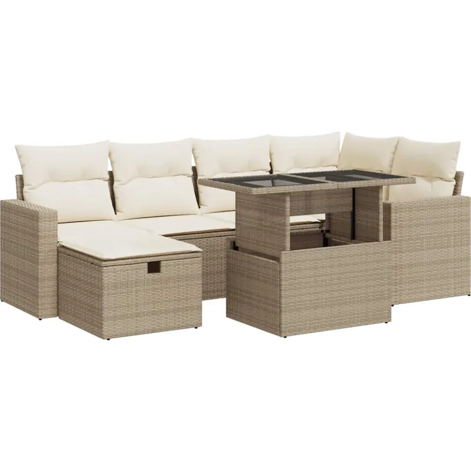 vidaXL 7-delige Loungeset met kussens poly rattan beige, foto 3