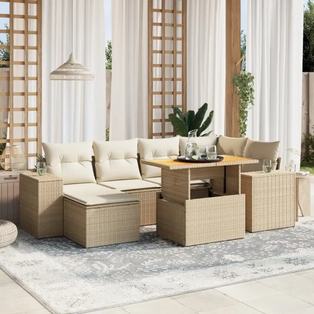 vidaXL 7-delige Loungeset met kussens poly rattan beige, foto 2