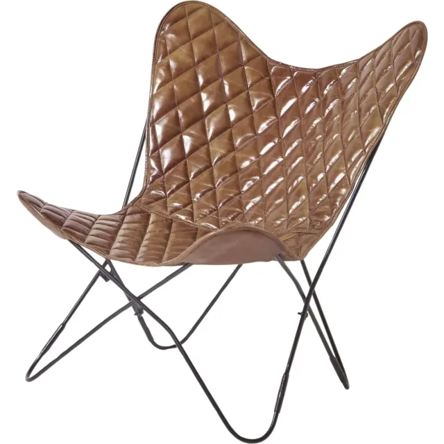 Homescapes Vlinder fauteuil - bruin leer met ruitpatroon