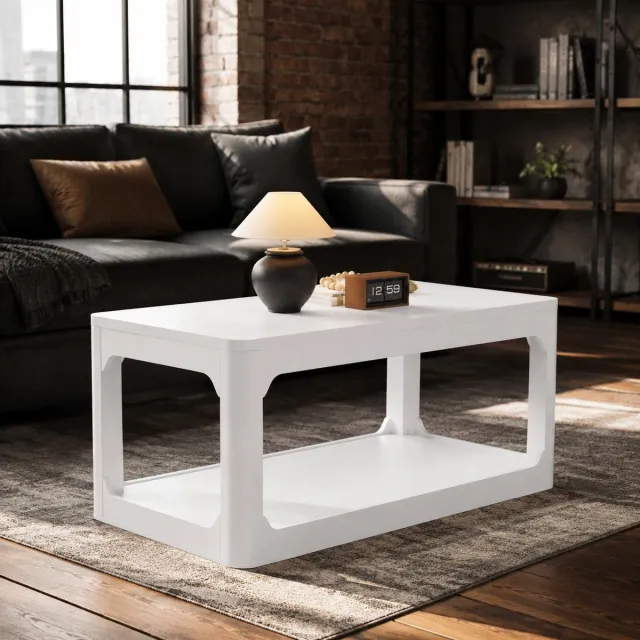 MODENUIT Salontafel - Rechthoekig Met Twee Opbergvakken - Voor Woonkamer - MDF - Wit - 100 X 50 X 44,5 Cm