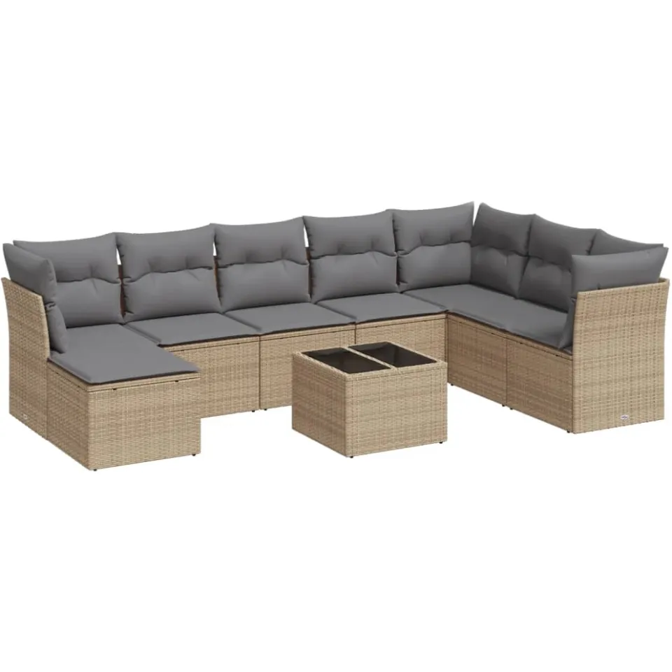 vidaXL 9-delige Loungeset met kussens poly rattan beige, foto 3