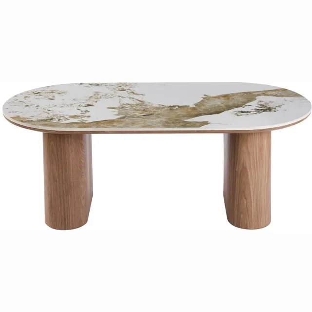 Rousseau Evora Salontafel – 120 x 60 cm – Glanzend Stenen Blad met Goudbruine Marmerlook – Afgerond Design Wit|Bruin