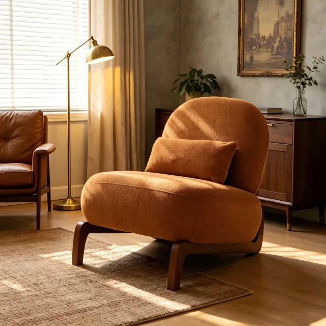 HAUSS SPOLE Fauteuil - Zonder Armleuningen met Zachte Zitting - voor Woonkamer, Slaapkamer en Balkon - Fluweel en Hout - Caramel