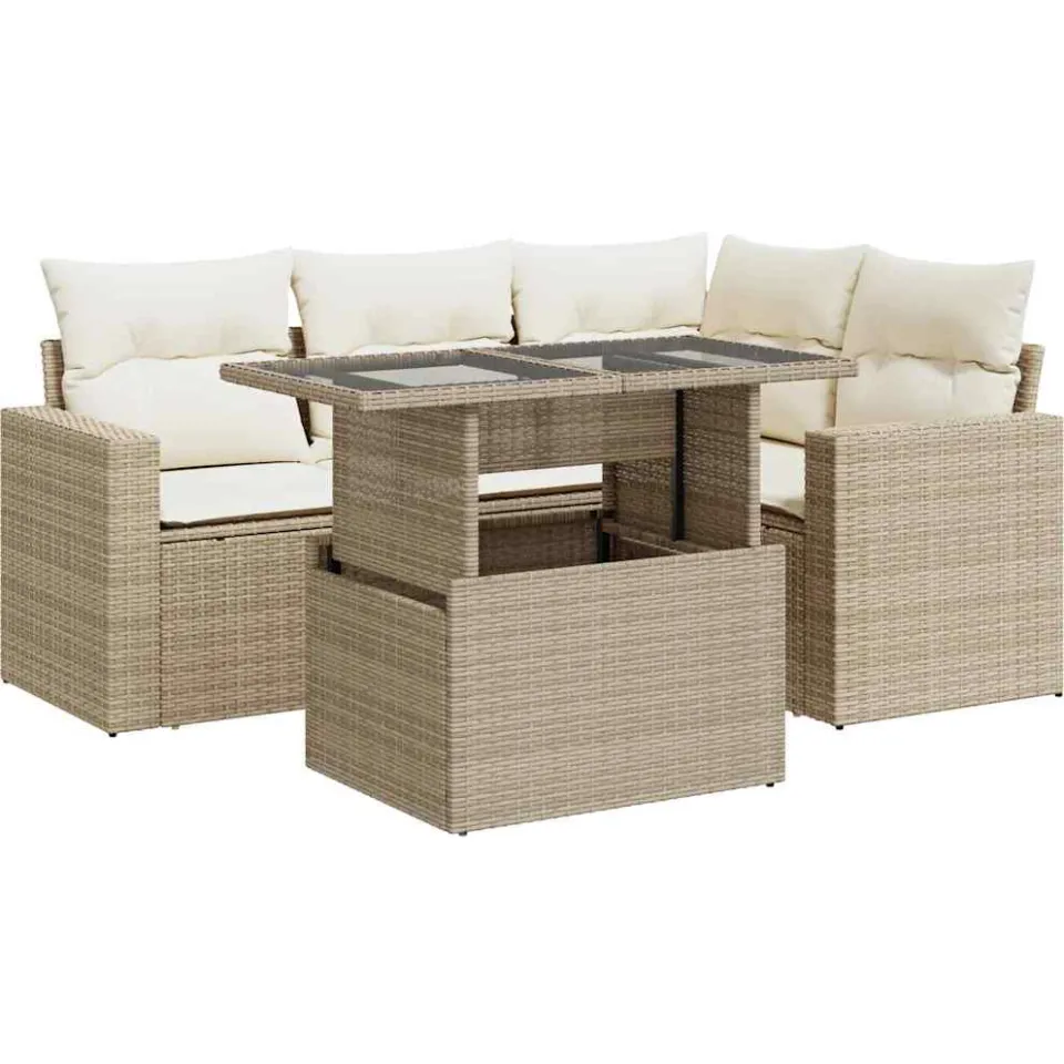 vidaXL 5-delige Loungeset met kussens poly rattan beige, foto 3